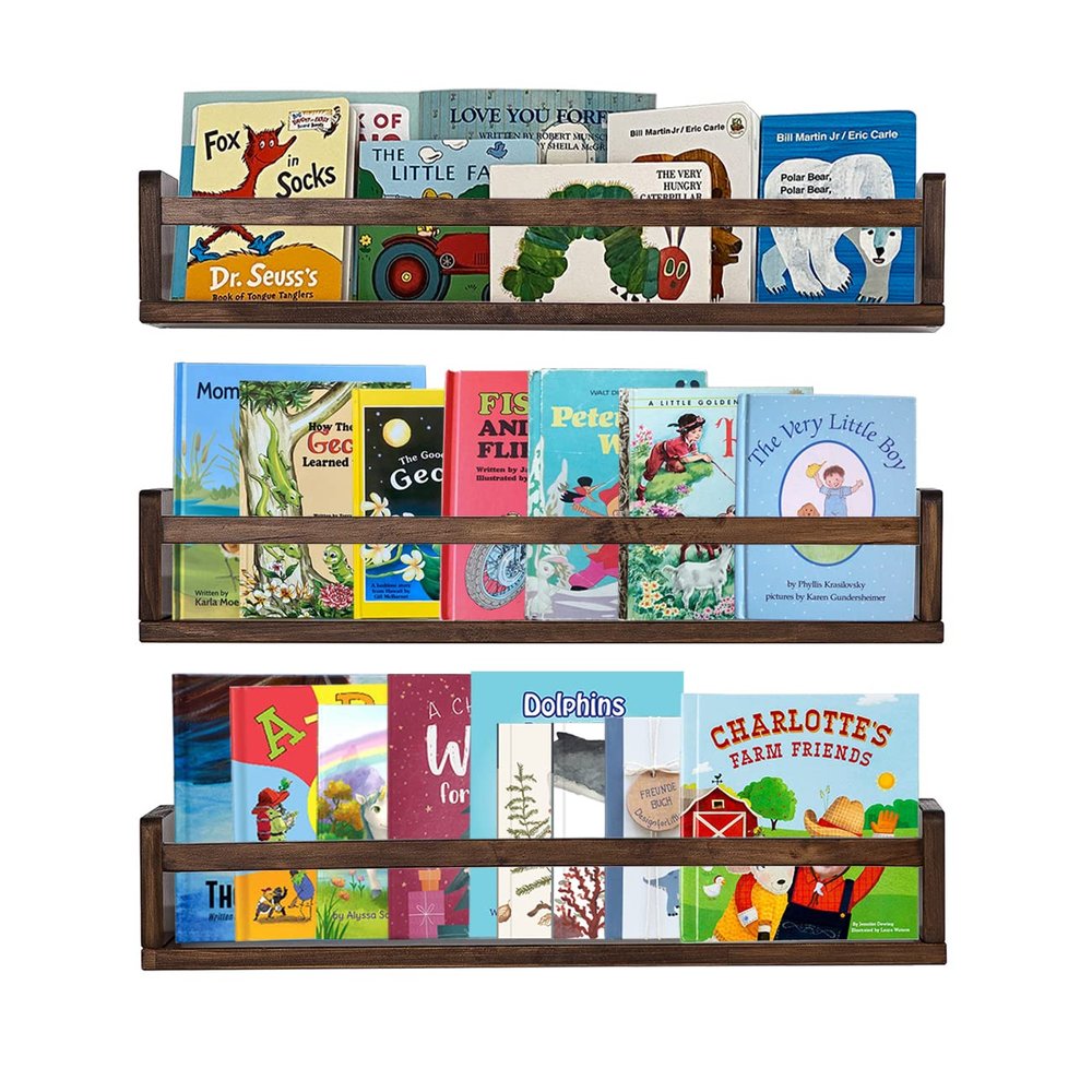 AZSKY Nursery Book Shelves 24 in Set of 3 Walnut Floating Bookshelf for Kids Room Wall Mounted Floating Shelves Solid Nursery Bookshelf Perfect Decor for Kitchen Bedroom Living Room