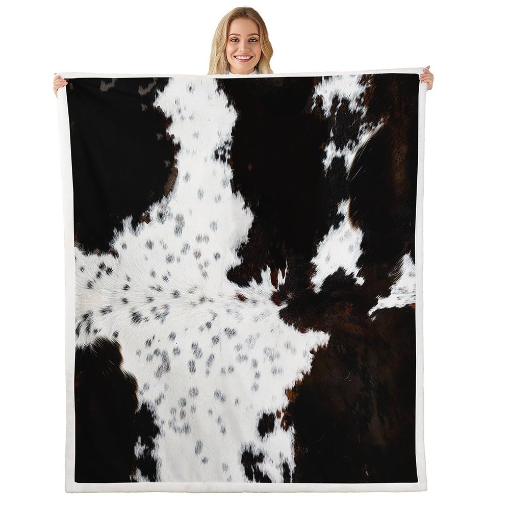 Abstract Cow Fur Throw Blanket White Black Brown Cowhide Print Bed Blanket for Kids Boys Teens, Farmhouse Cow Print Fuzzy Blanket Animal Skin Print Blanket for Couch Sofa, Throw Size (50 x 60 Inches)