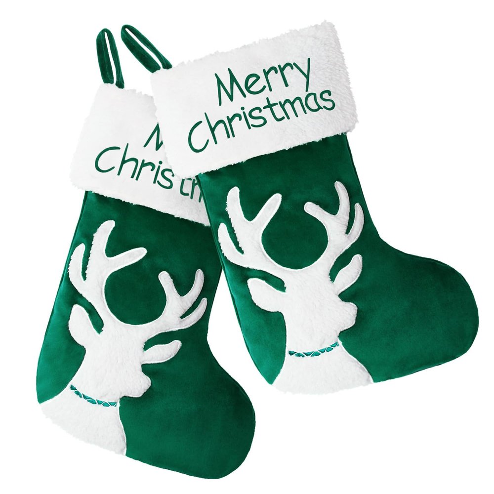BRAWARM Velvet Christmas Stockings 2 Pack - Green Reindeer Embroidered