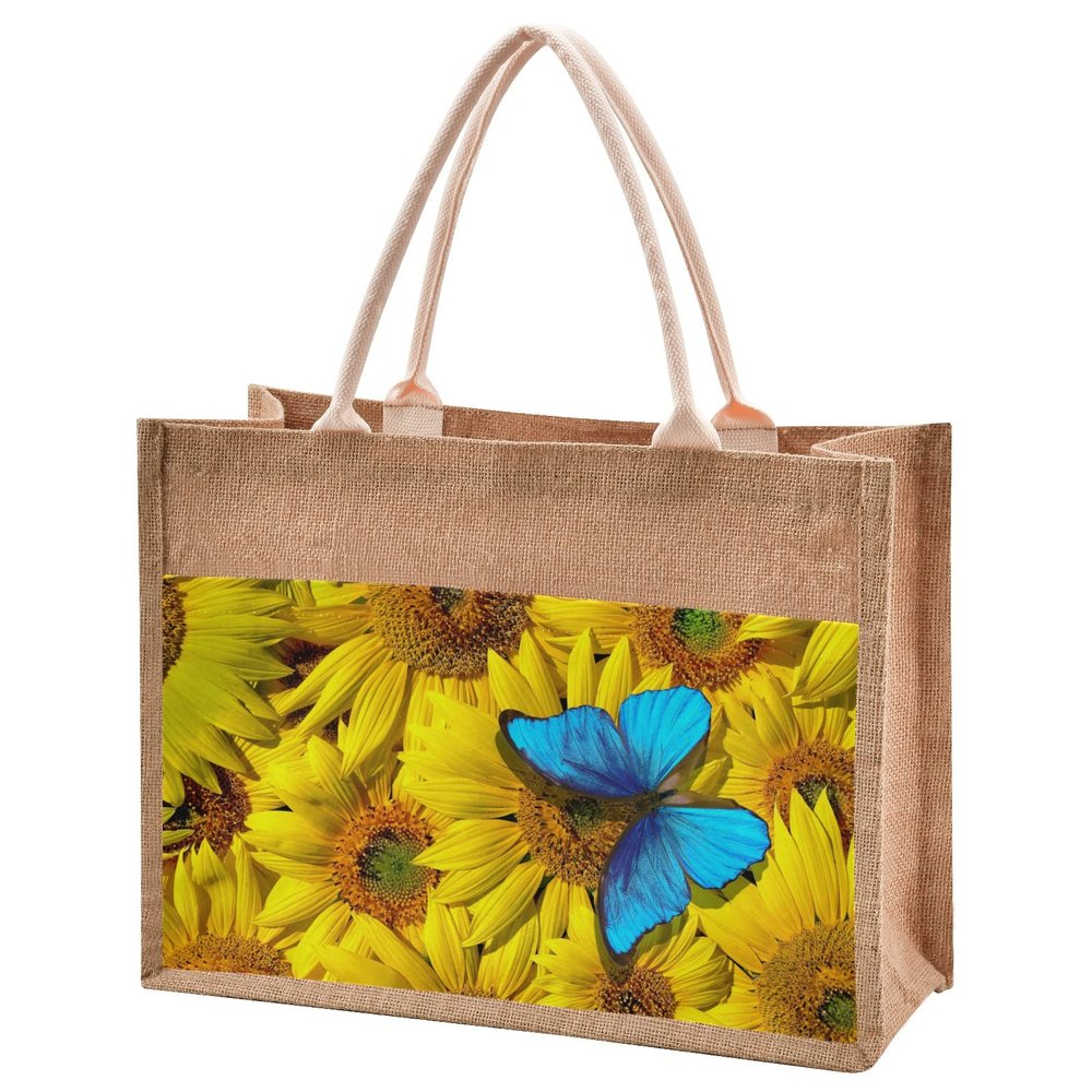CaTaKu Sunflower Butterfly Blue Jute Tote Bags with Handles & Zipper Large Shopping Grocery Bags Burlap Bags with Front Canvas Pocket Gift Bags for Women 17" x 13"