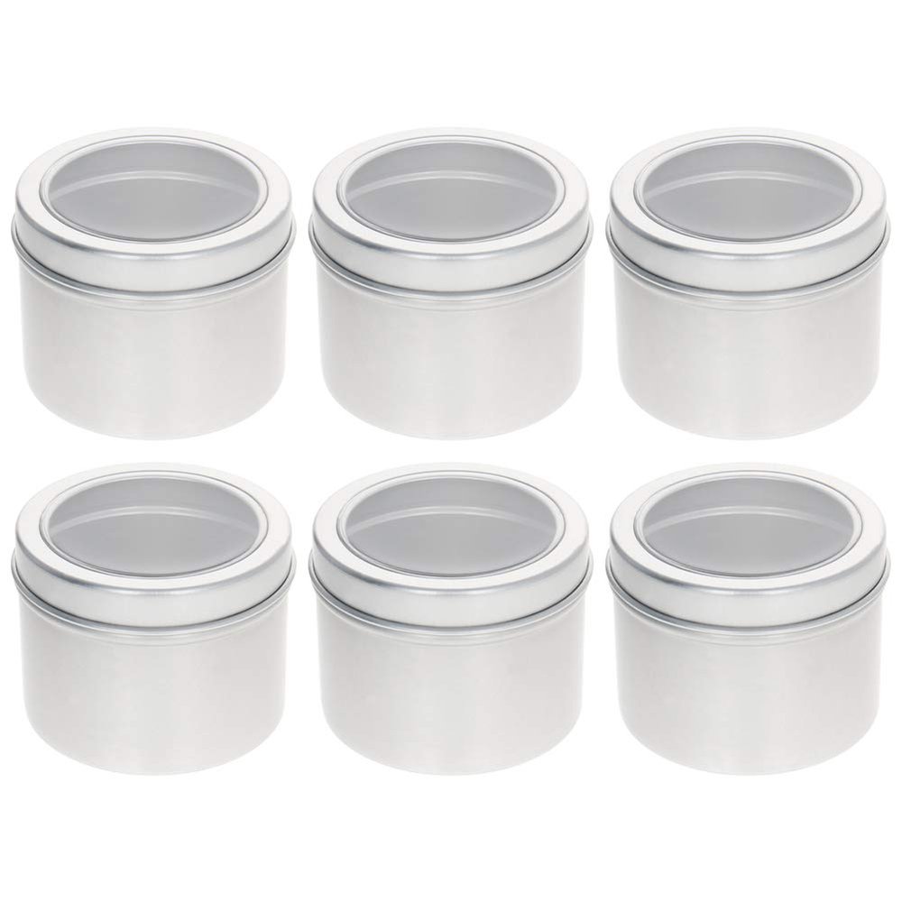 Aicosineg 6 Pack 2 OZ Tin Cans Screw Top Round Aluminum Cans Screw Lid Containers with Clear Window for Store Spices, Candies, Tea or Gift Giving