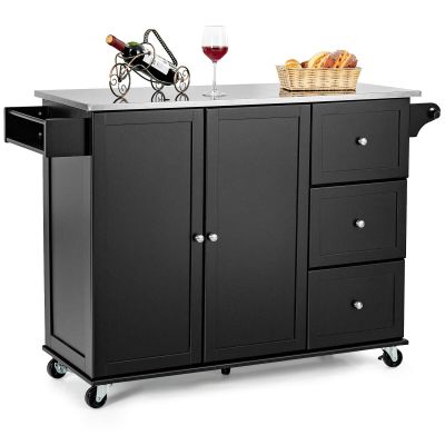 Black Rolling Kitchen Island Portable Utility Serving Cart with 2 Doors Storage Cabinet 3 Drawers Spice Rack Stainless Steel Countertop Utensils Kitchenware Dishware Kitchen Essentials Storage