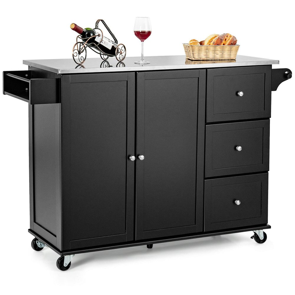 Black Rolling Kitchen Island Portable Utility Serving Cart with 2 Doors Storage Cabinet 3 Drawers Spice Rack Stainless Steel Countertop Utensils Kitchenware Dishware Kitchen Essentials Storage