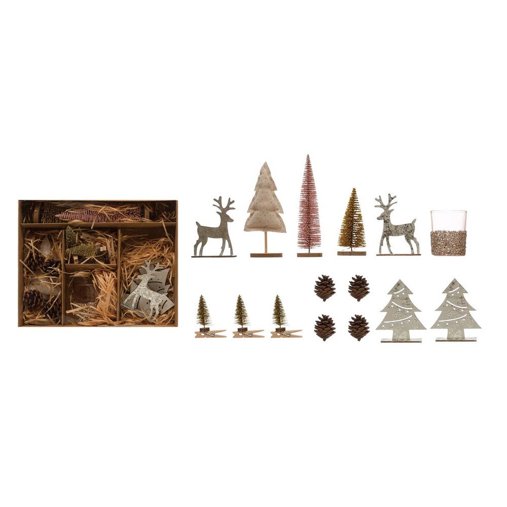 Creative Co-Op Candle Garden Kit with Bottle Brush Trees, Tealight, Pinecones, Wood and Fabric Tree and Wood Figures, Boxed Set of 15