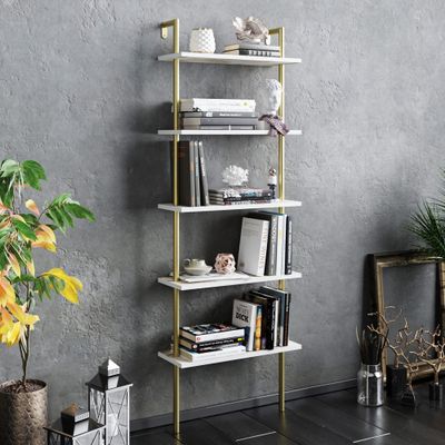 Decorotika Paula 5-Shelf Modern Bookcase, Open Wall Mount Ladder Floating Bookshelf with Industrial Metal Frame (White-Marble&Gold)