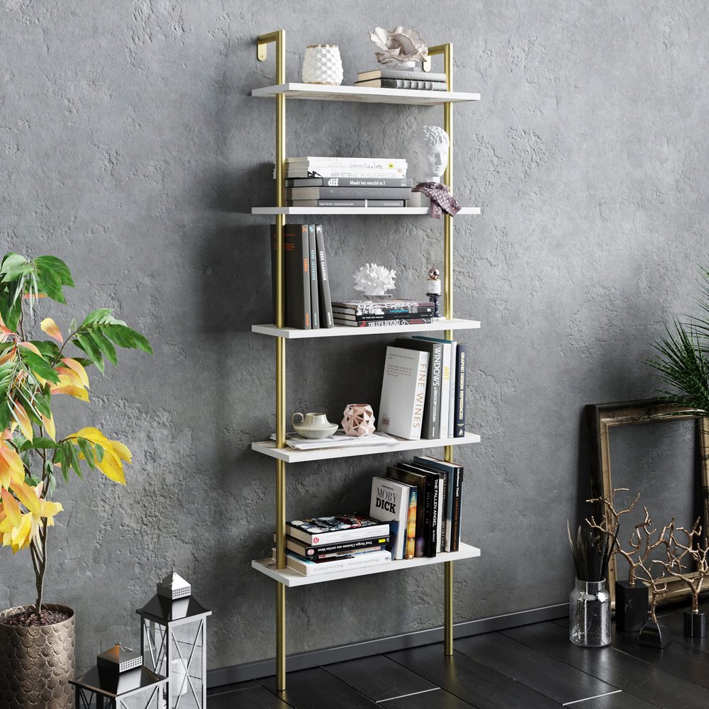 Decorotika Paula 5-Shelf Modern Bookcase, Open Wall Mount Ladder Floating Bookshelf with Industrial Metal Frame (White-Marble&Gold)