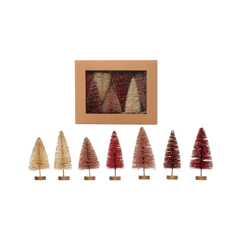 Creative Co-Op Sisal Bottle Brush Trees with Glitter and Gold Wood Bases, Multicolor, Boxed Set of 7
