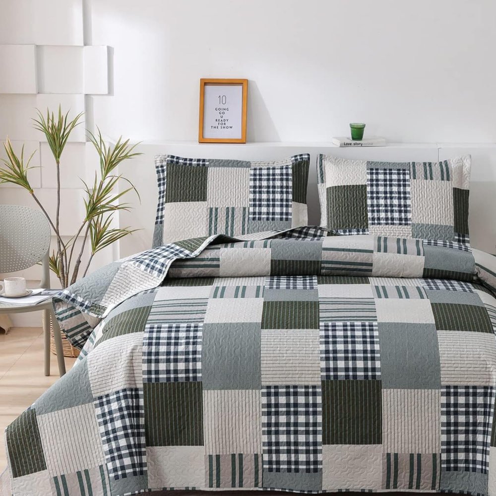 Plaid Patchwork Quilt Queen Size Lightweight Blue Buffalo Plaid Bedspread Coverlet Boy Man Plaid Quilts Bedding with 2 Pillowshams (Coffee, Blue, Full/Queen)