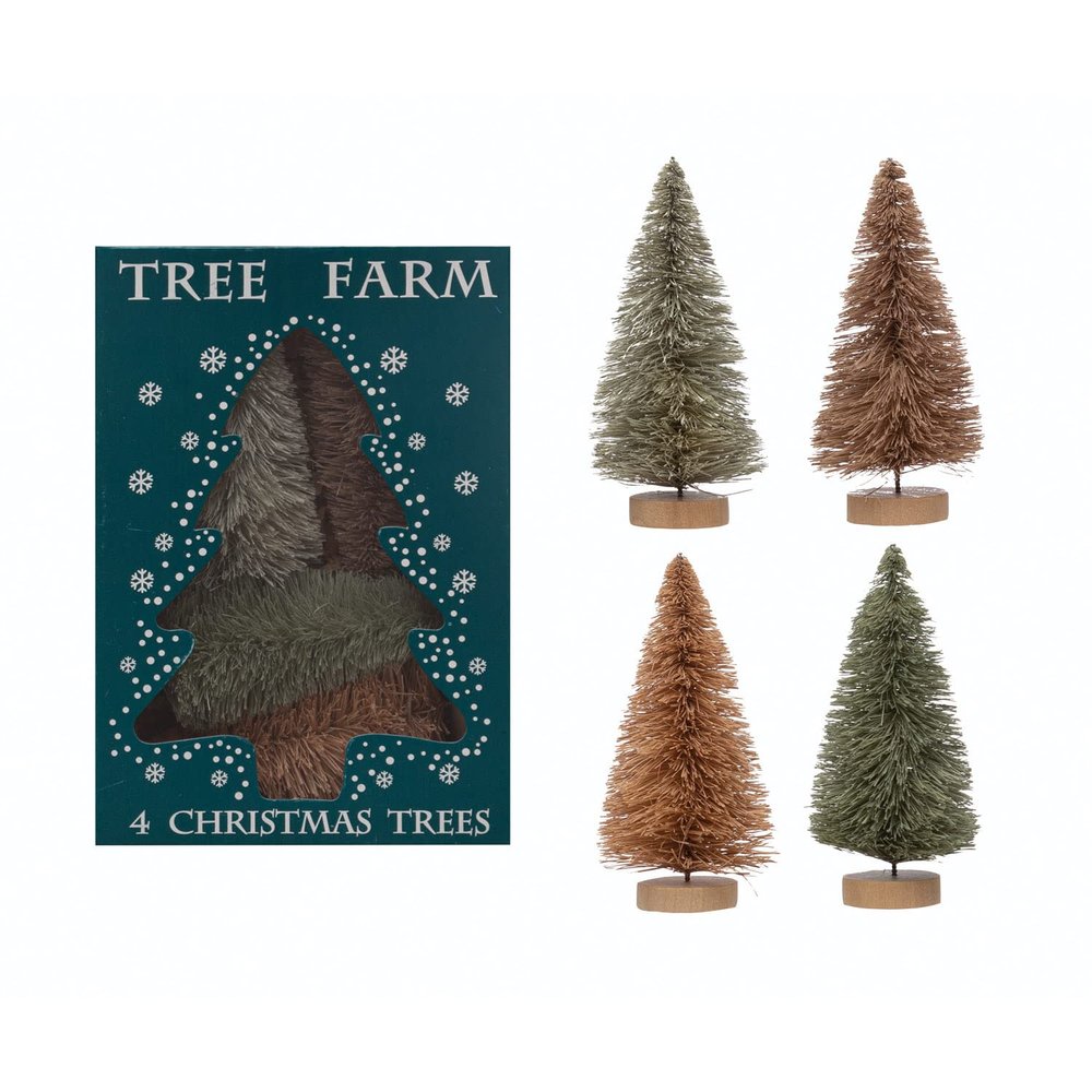 Creative Co-Op Sisal Bottle Brush Trees with wood Base, Multicolor, Boxed Set of 4