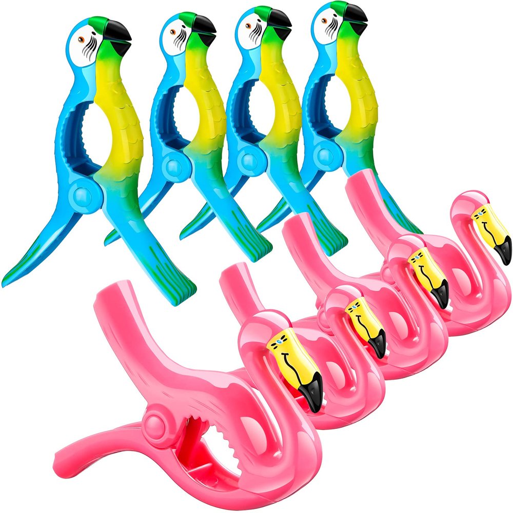 8 Pcs Beach Towel Clips for Chairs Towels, Flamingo Parrot Heavy Duty Holders, Portable Jumbo Size Pins for Pool, Cruise Ship(Pink, Blue,Flamingo, Parrot)