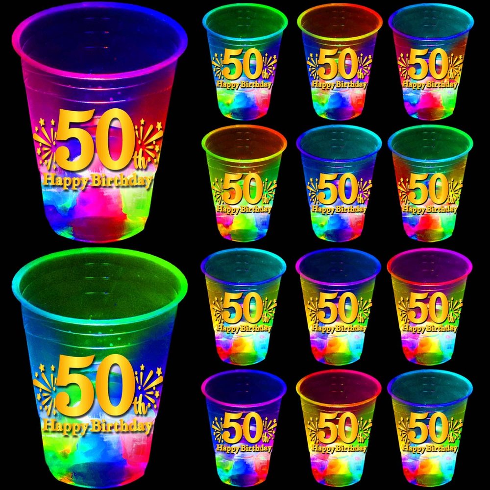 mishunyus 24 Pack Glow 50th Birthday Party Cups - 16 oz 50th Cups with Gold Foil Prints, Birthday Table Decorations Centerpiece Supplies for 50 Year Old Anniversary