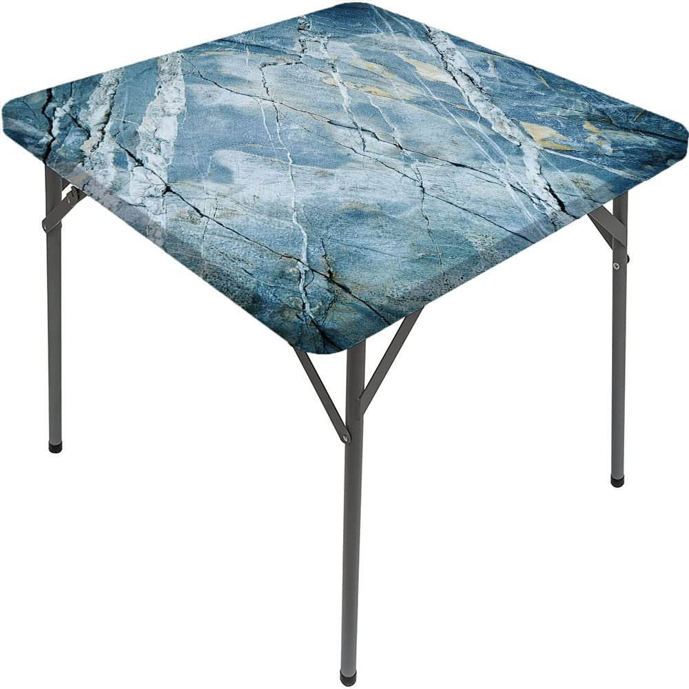 Marble Square Table Cover, Exquisite GraniteNature Rock Picture, Elastic Edge, Can Wipe Indoor/Outdoor Dining Table coverr, Fit for 44"x44" Square Table Light Blue