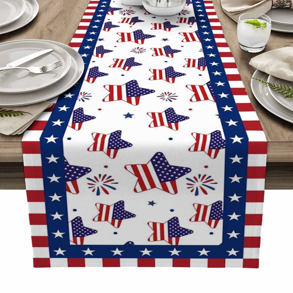 Independence Day Table Runner, 4th of July Patriotic Dresser Scarves, Red White Blue American USA Flag Table Runners, Stripes Stars Table Setting Decor for Memorial Day Home Kitchen Dinner, 14x72inch