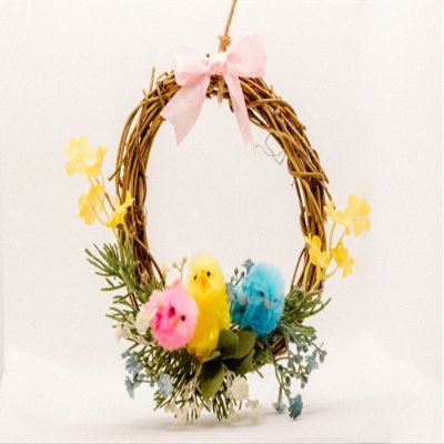 Easter Chicks Wreath Decorations with Blue, Yellow, Pink Chicks, Spring Floral branches on Grapevine Wreath for Kitchen Cabinets and Dining Chairs - Set of 4