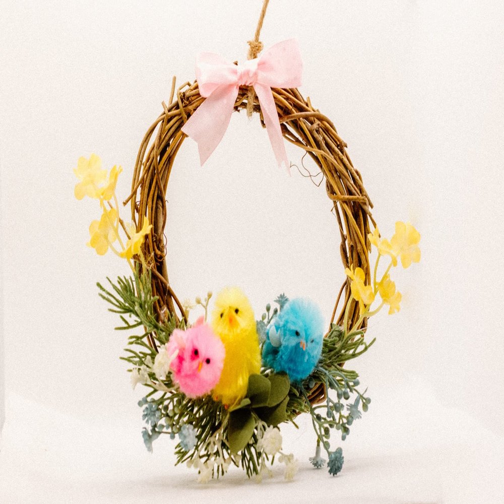 Easter Chicks Wreath Decorations with Blue, Yellow, Pink Chicks, Spring Floral branches on Grapevine Wreath for Kitchen Cabinets and Dining Chairs - Set of 4