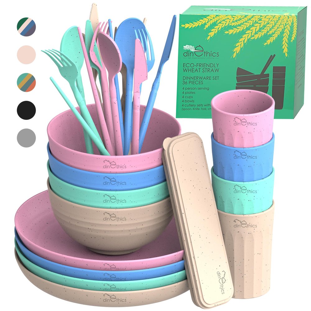 DINETHICS WheatStraw Dinnerware Sets for 4 - Alternate To Plastic Dishes - Dishwasher Safe Microwave Plates - Unbreakable Dinnerware Set - Wheat Straw Dishes - Lightweight Camping Plates & RV Dishes