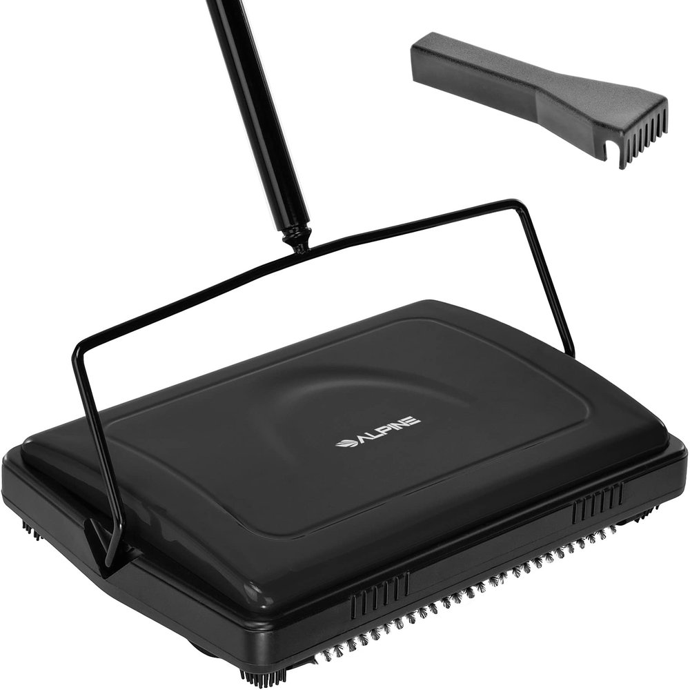 Alpine Manual Carpet Sweeper Triple Brush Cordless Non Electric Multi-Surface Floor Brush Hardwood Floor Cleaner Easy Sweeping for Carpeted Floors (Improved Black)