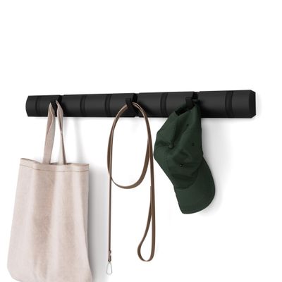 Umbra Flip Wall-Mounted Coat Rack with 8 Hooks  Modern, Space-Saving Storage for Hats, Jackets, Bags, Entryway, Mudroom, Closet, Bathroom, Bedroom  Black