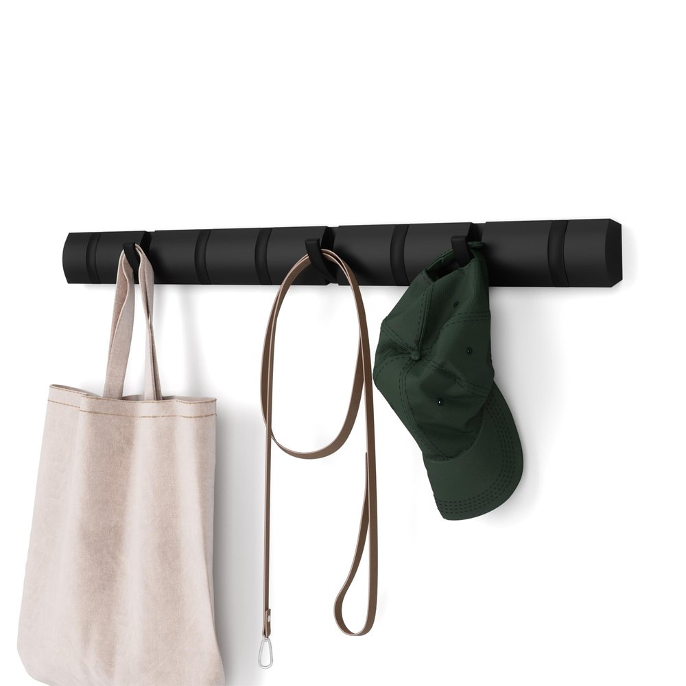 Umbra Flip Wall-Mounted Coat Rack with 8 Hooks  Modern, Space-Saving Storage for Hats, Jackets, Bags, Entryway, Mudroom, Closet, Bathroom, Bedroom  Black