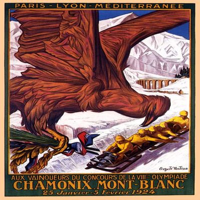 1924 Winter Sports Bobsled Olympic Chamonix Mont Blanc Snow Vintage Poster Reproduction (16 X 24 Image Size Canvas)