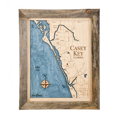 Sea & Soul Casey Key Nautical Wall Art, Coastal Wall Dcor 2-Level Wood Map, 13in x 16in, South Sarasota, Siesta Key, Venice, Handcrafted in the USA (Rustic Pine/Deep Blue)