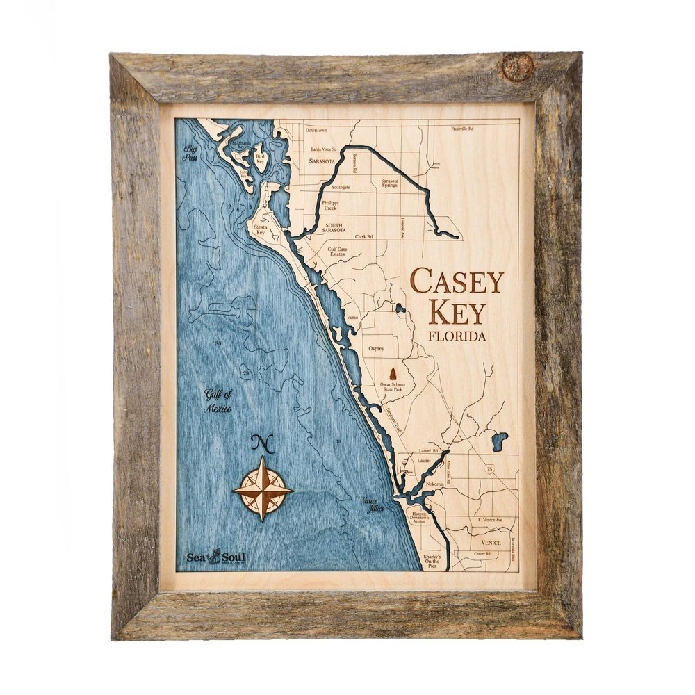 Sea & Soul Casey Key Nautical Wall Art, Coastal Wall Dcor 2-Level Wood Map, 13in x 16in, South Sarasota, Siesta Key, Venice, Handcrafted in the USA (Rustic Pine/Deep Blue)