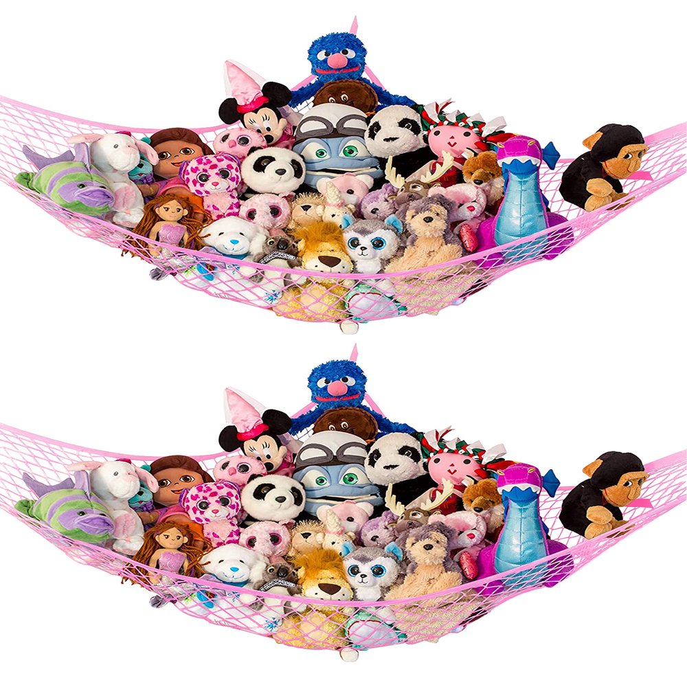 Stuffed Animal Hammock 2 Pack | Corner Stuffed Animal Storage & Plushie Net | Toy Hammock for Stuffed Animals | Holds 12lbs | Easy Hang, All Hardware Included | Pink Bedroom Decor | by Lilly's Love