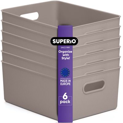 Superio Ribbed Collection - Decorative Plastic Basket Open Home Storage Bins Organizer, Large Taupe (6 Pack) Container Boxes for Organizing Closet Storage Bins for Shelves 15 Liter/16 Quart
