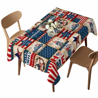 Independence Day Rectangle Dining Table Cloths, Vintage 4th of July Lattice Linen Tablecloth American Star Flag Checker Tables Cover for Kitchen Dinner Indoor Outdoor Holiday Party Decor 60x104in