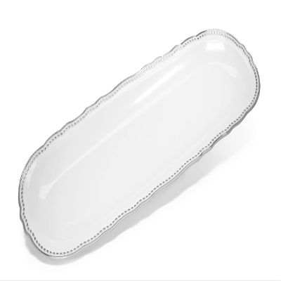 " OCCASIONS " 60 Plates Pack, Premium Heavyweight Disposable Wedding Party Plastic Trays 17.5'' x 6.5'' (Trays Rochelle White and Silver)