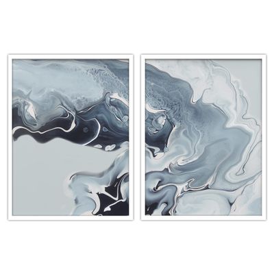 Woodrose Framed Wall Art Collage Print Gallery Set Swirling Blue White Lava Lamp Landscape Abstract Shapes Illustrations Modern Colorful for Living Room, Bedroom, Office - 12"x16"x2 WHITE