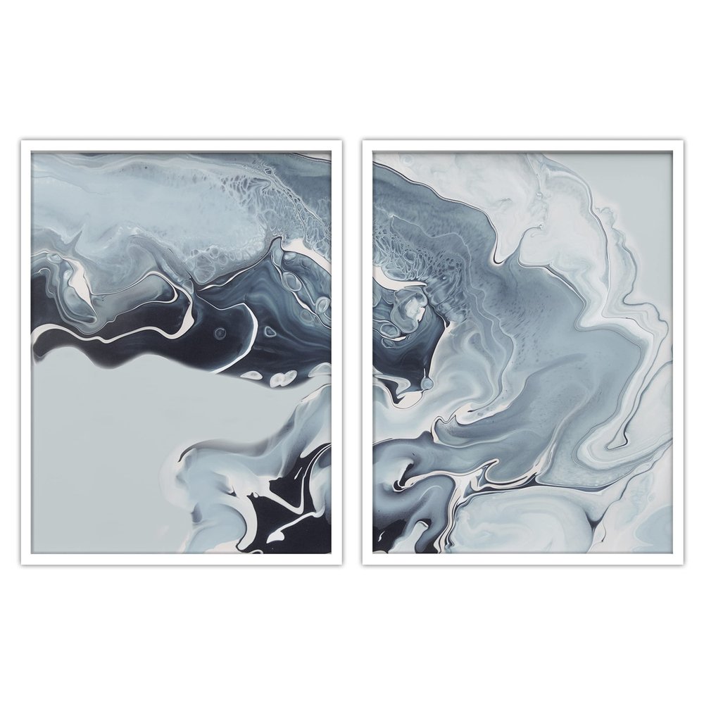 Woodrose Framed Wall Art Collage Print Gallery Set Swirling Blue White Lava Lamp Landscape Abstract Shapes Illustrations Modern Colorful for Living Room, Bedroom, Office - 12"x16"x2 WHITE