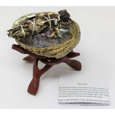 1 Set Abalone Shell, 6" Wood Stand Yerba Santa Smudge Stick & Directions: Complete Kit