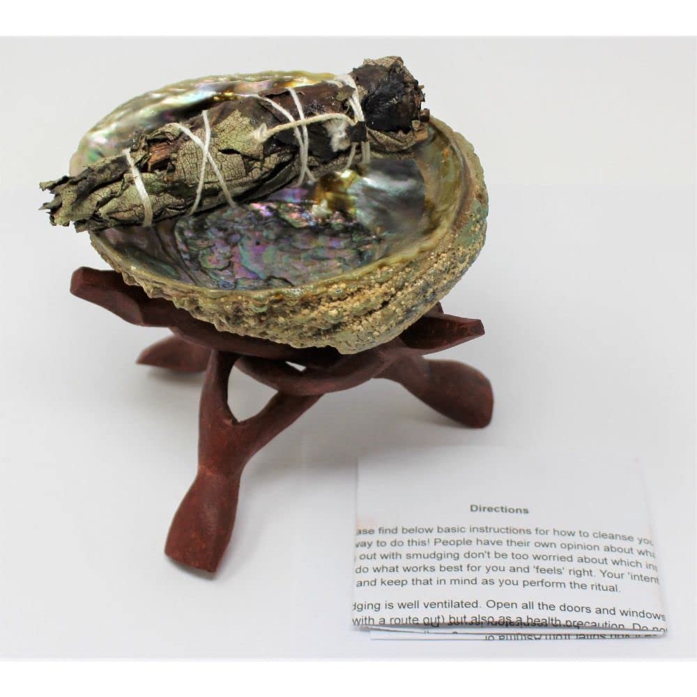 1 Set Abalone Shell, 6" Wood Stand Yerba Santa Smudge Stick & Directions: Complete Kit