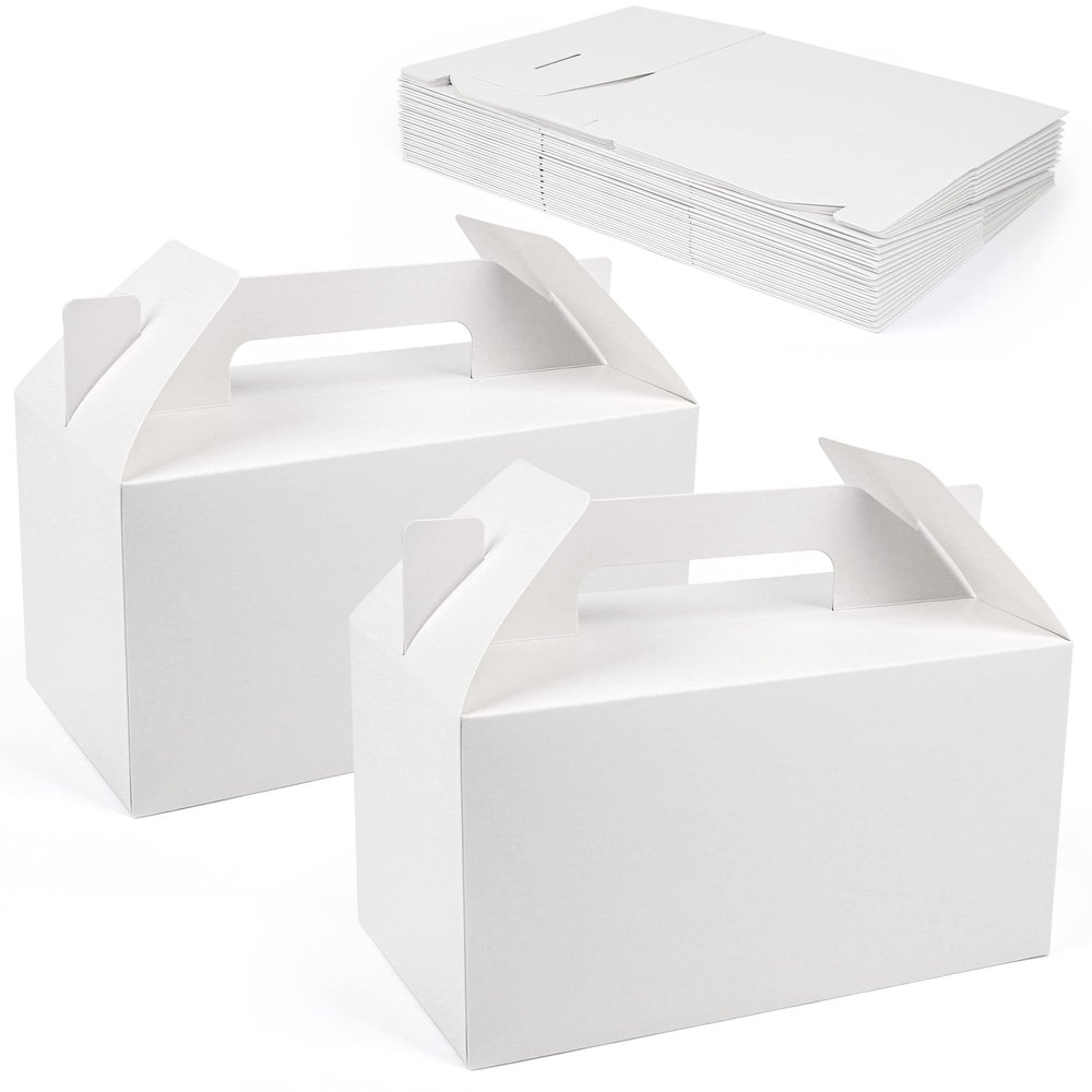 LotFancy Gable Boxes for Party Favor, 9.5 x 5 x 5 Inches, 25 Pack, Large Treat Box with Handles, White Gift Boxes, Goodie Box for Birthday, Wedding, Baby Shower, Lunch