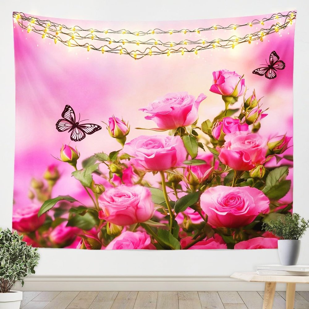Castle Fairy Rose Flowers Tapestry Pink Butterfly Tapesrties Dcor Living Room Bedroom 3D Floral Wall Hangings Art Spring Tapestry Wall Hanging for Home Decor 59.1x82.7
