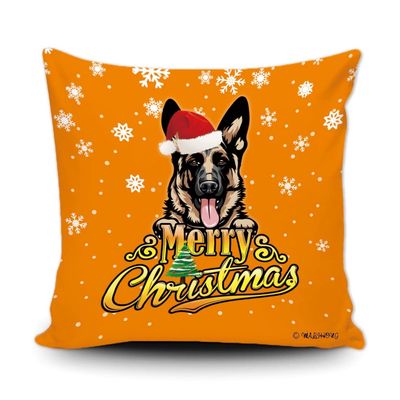 Merry Christmas German Shepherd Peeking Dog with Santa Hat Pillow Case Christmas Tree Snowflake Orange Throw Pillow Cover for Holiday Decoration 18x18 Inch