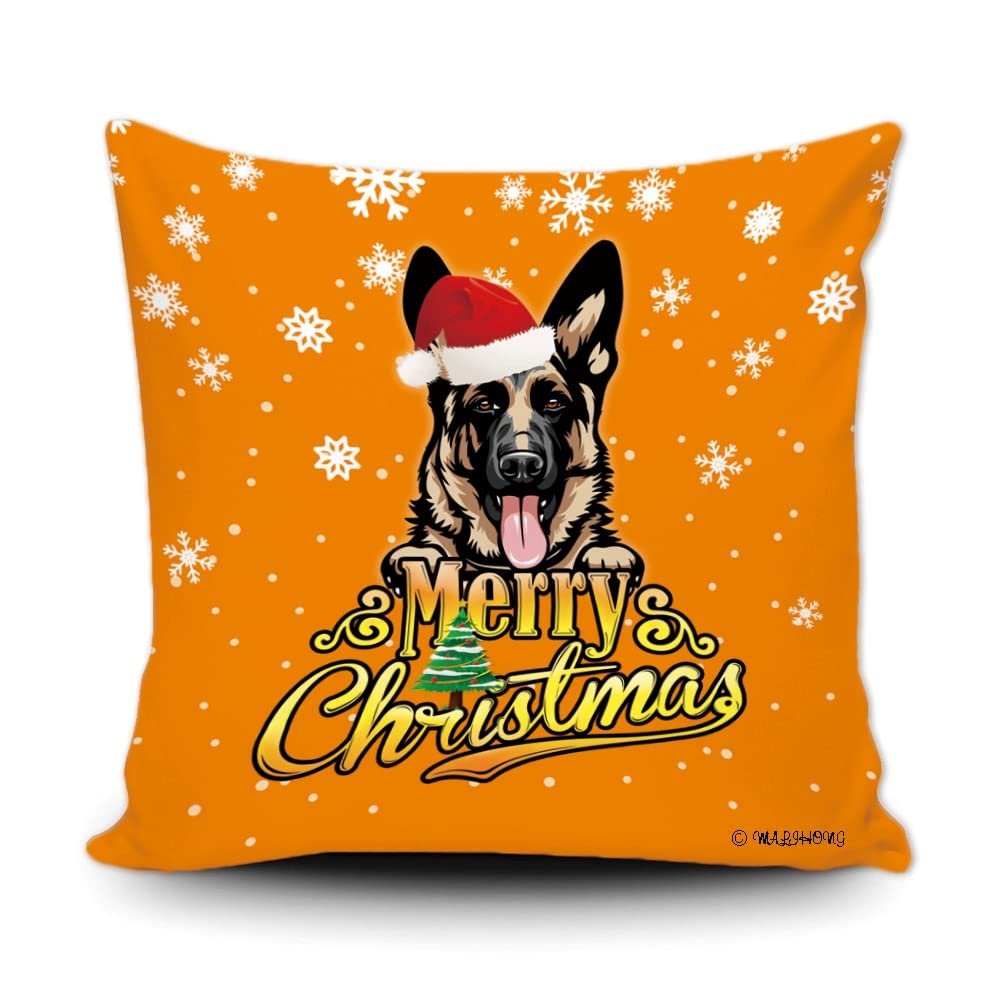 Merry Christmas German Shepherd Peeking Dog with Santa Hat Pillow Case Christmas Tree Snowflake Orange Throw Pillow Cover for Holiday Decoration 18x18 Inch