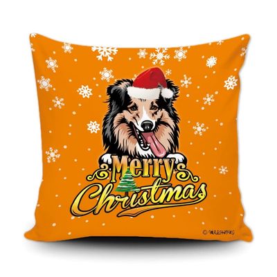 Merry Christmas Shetland Shepdog Peeking Dog with Santa Hat Pillow Case Christmas Tree Snowflake Orange Throw Pillow Cover for Holiday Decoration 20x20 Inch