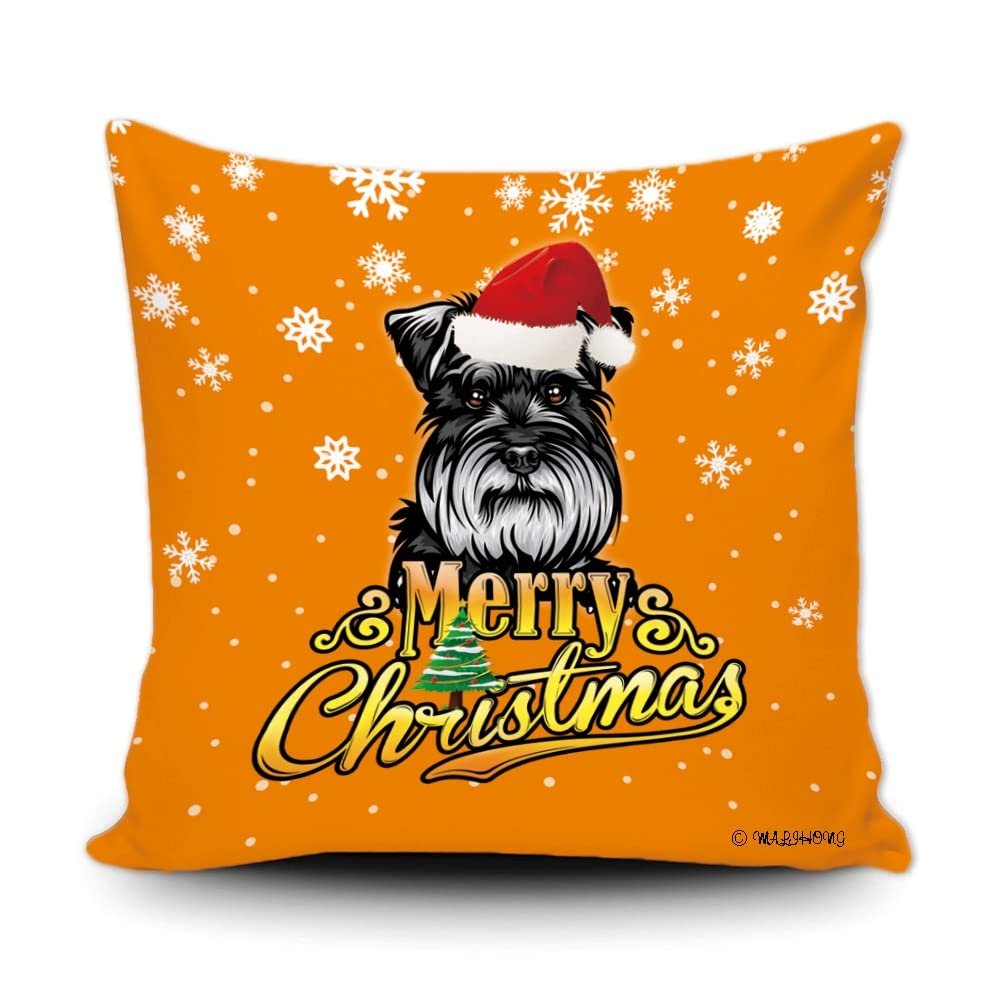 Merry Christmas Schnauzer Peeking Dog with Santa Hat Pillow Case Christmas Tree Snowflake Orange Throw Pillow Cover for Holiday Decoration 18x18 Inch