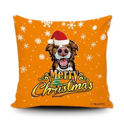 Merry Christmas Border Collie Peeking Dog with Santa Hat Pillow Case Christmas Tree Snowflake Orange Cushion Cover for Holiday Decoration 16x16 Inch