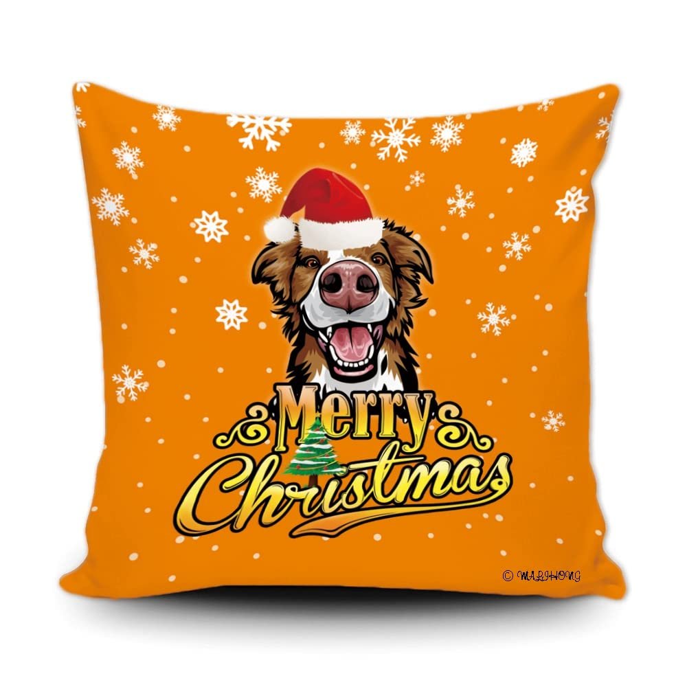 Merry Christmas Border Collie Peeking Dog with Santa Hat Pillow Case Christmas Tree Snowflake Orange Cushion Cover for Holiday Decoration 16x16 Inch