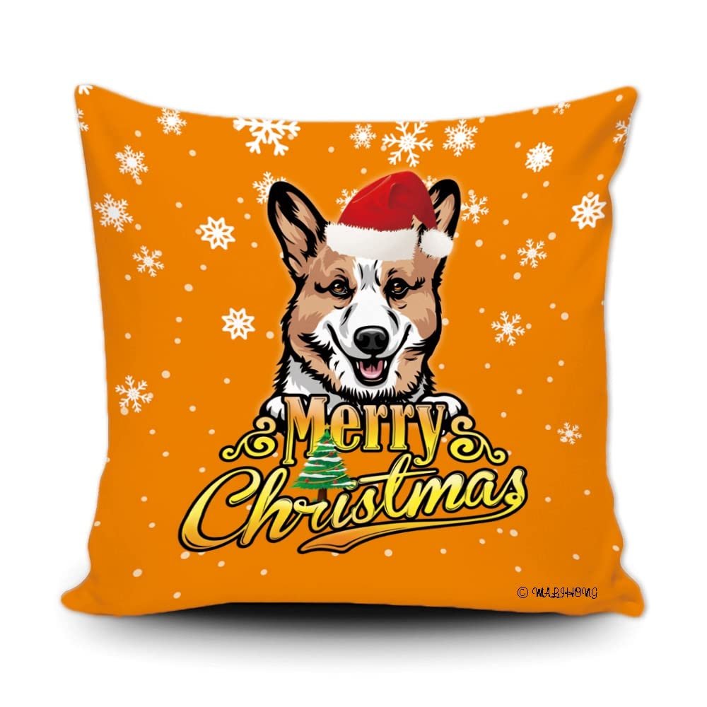 Merry Christmas Pembroke Welsh Corgi Peeking Dog with Santa Hat Pillow Case Christmas Tree Snowflake Orange Throw Pillow Cover for Holiday Decor 18x18 Inch