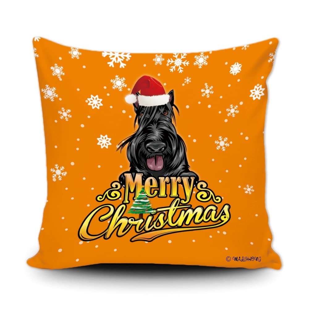 Merry Christmas Scottish Terrier Peeking Dog with Santa Hat Pillow Case Christmas Tree Snowflake Orange Throw Pillow Cover for Holiday Decoration 18x18 Inch