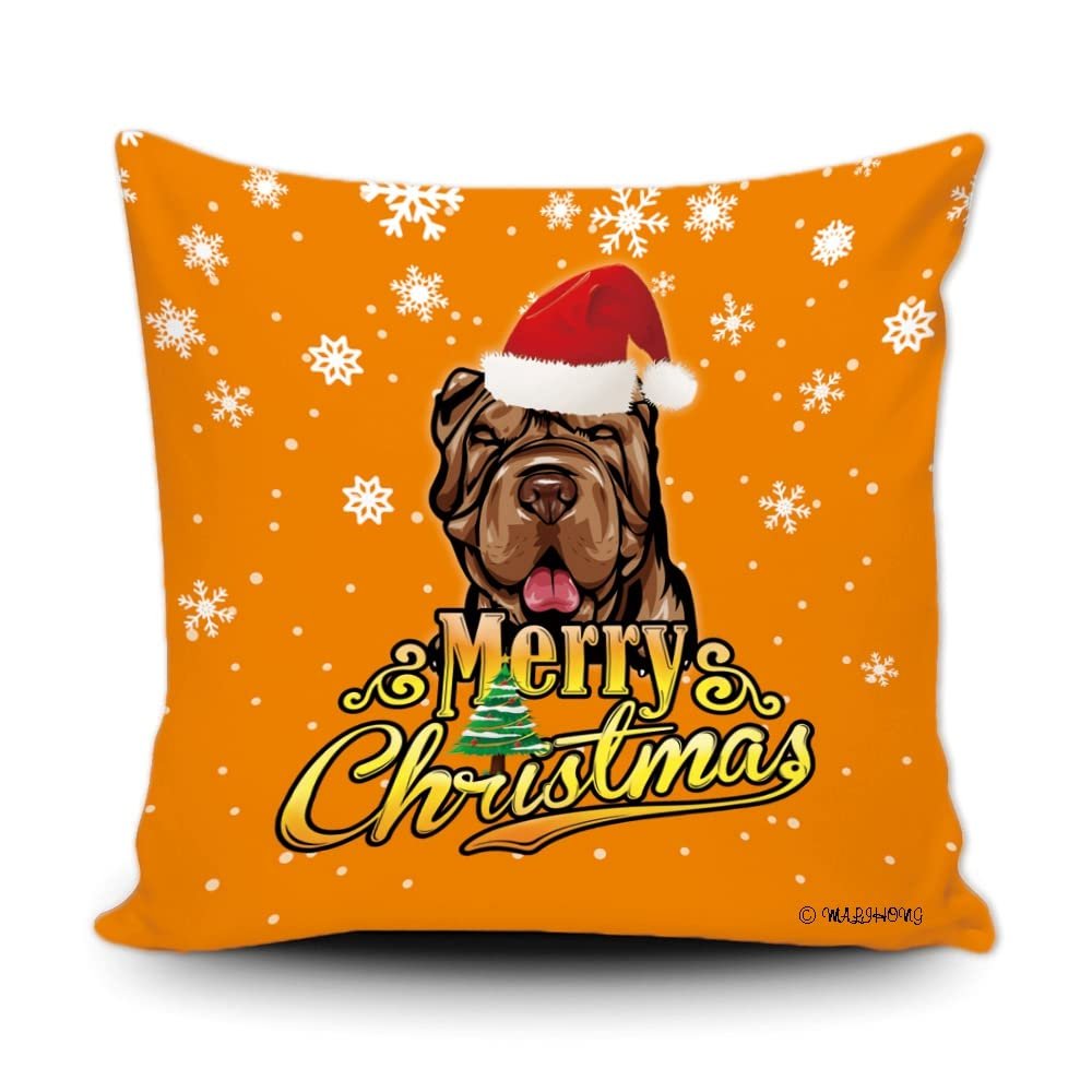 Merry Christmas Shar Pei Peeking Dog with Santa Hat Pillow Case Christmas Tree Snowflake Orange Throw Pillow Cover for Holiday Decoration 18x18 Inch