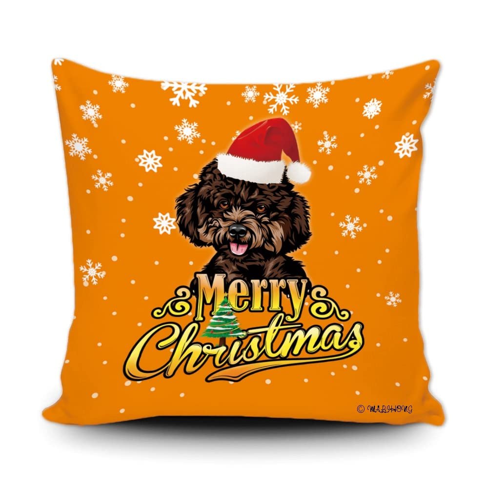 Merry Christmas Poodle Peeking Dog with Santa Hat Pillow Case Christmas Tree Snowflake Orange Cushion Cover for Holiday Decoration 18x18 Inch