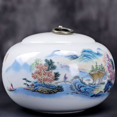 5.1inch Ceramic Landscape Pattern Tea Jar Ceramic Sealed Tea Caddy Storage Box Tea Set