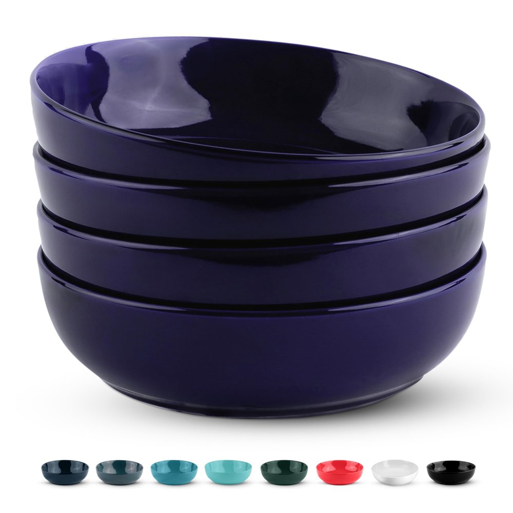 KooK Pasta Bowl, Salad Bowls, Soup, Serving Bowls, Ceramic, Large Capacity, Microwave & Dishwasher Safe, Set of 4, 40 Oz, (Cobalt)