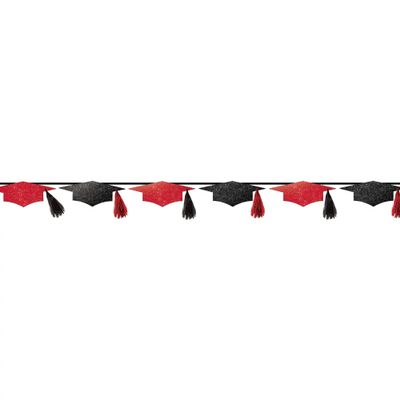 Red & Black Grad Cap Tassel Banner - 12' x 6.3" (Pack Of 1) - Premium Glitter Paper & Foil - Perfect For Graduation Celebrations