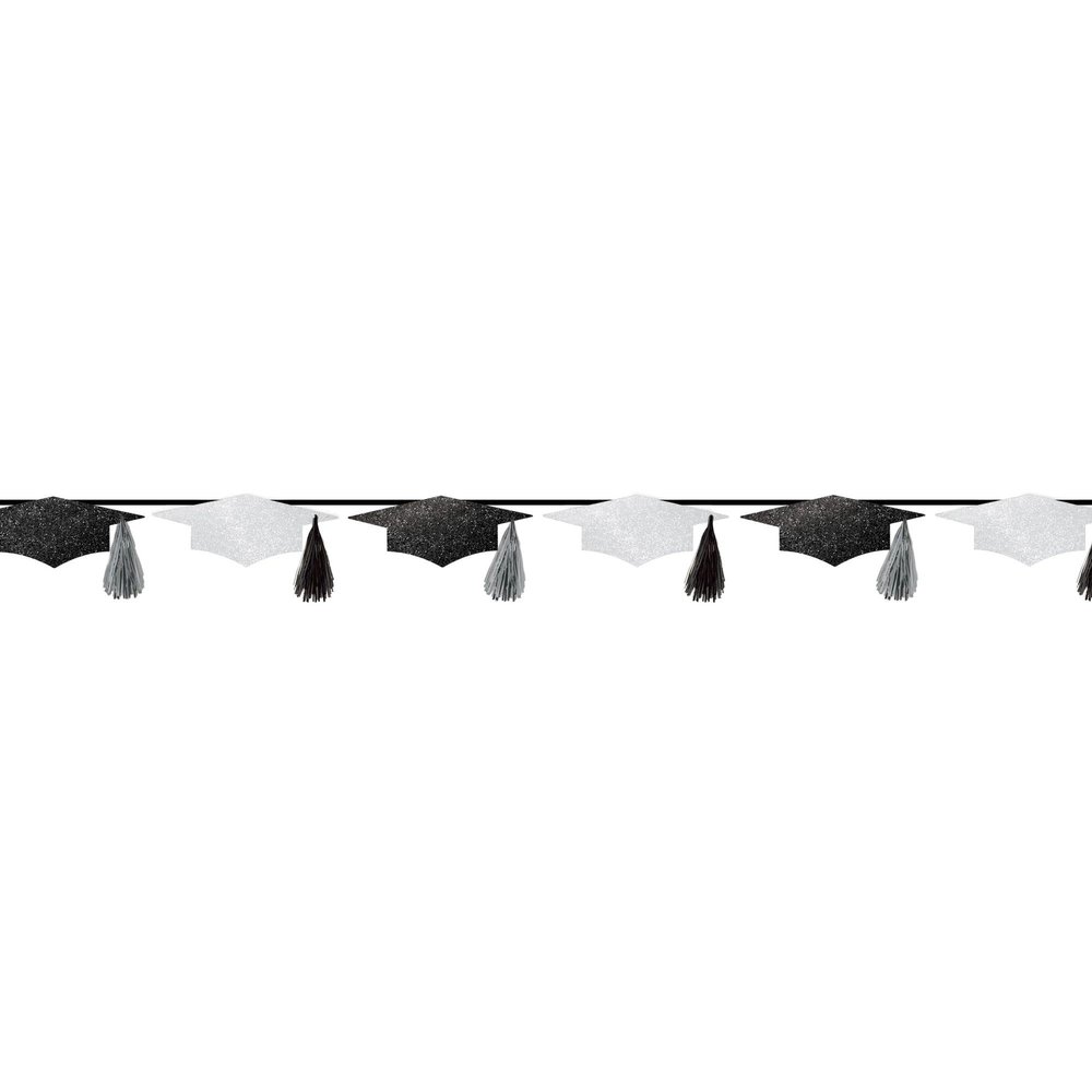 White & Black Grad CapTassel Banner - 12' x 6.3" (Pack Of 1) - Premium Glitter Paper & Foil - Perfect For Graduation Celebrations